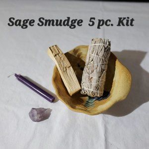Sage Smudge Selenite Wood Stick Air Cleansing with Candle, Crystal and Bowl